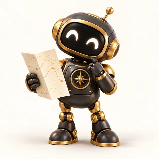 Ilustrowany złoty robot z mapą i kompasem